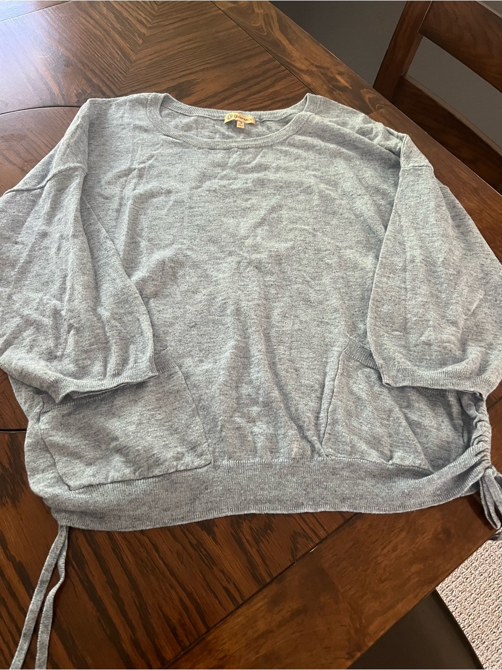 Democracy Blue Solid Knit Crew Neck 3/4 Sleeve Drawstring Hem Top Women’s M #618